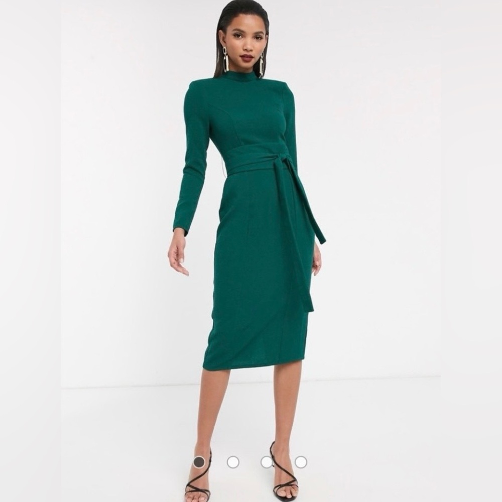 ASOS Gorgeous Teal High Neck Long Sleeve Tie Waist Dress. Size 0